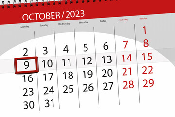 Calendar 2023, deadline, day, month, page, organizer, date, October, monday, number 9