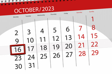 Calendar 2023, deadline, day, month, page, organizer, date, October, monday, number 16