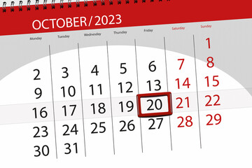 Calendar 2023, deadline, day, month, page, organizer, date, October, friday, number 20