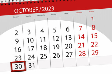 Calendar 2023, deadline, day, month, page, organizer, date, October, monday, number 30