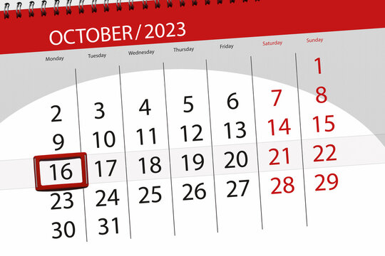 Calendar 2023, deadline, day, month, page, organizer, date, October, monday, number 16