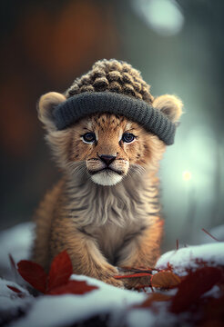 A small, cute lion cub in a hat, in the winter forest. AI Generated