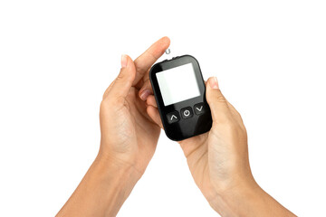 World Diabetes Day November 14, there is an electronic test strip for measuring glucose levels in the blood and body in young woman hands, the isolation on a white background, a device for home use
