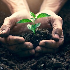 A closeup image hands holding a plant in soil, symbolizing the values of environmental sustainability, promoting healthy growth, and encouraging eco-awareness.