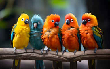 Fototapeta premium A flock of tropical birds perched on a tree branch