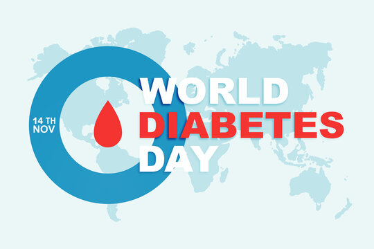 World diabetes day 14 november, abstract logo in blue colors with world map, diabetes awareness month, modern creative banner with blue circle and red drop inside, diabetes medical symbol