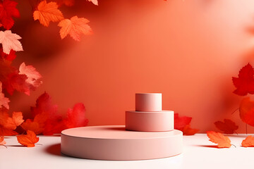 Round pink podiums in form of steps on autumn red background with leaves and copy space. Marketing and advertising