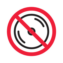 Prohibited CD vector icon. No DVD icon. Forbidden compact disc icon. No disc vector sign. Warning, caution, attention, restriction, danger flat sign design. DVD symbol pictogram