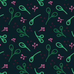 Vector seamless pattern and abstract background with green leaves for packaging of organic and healthy food, natural cosmetics and vegan products