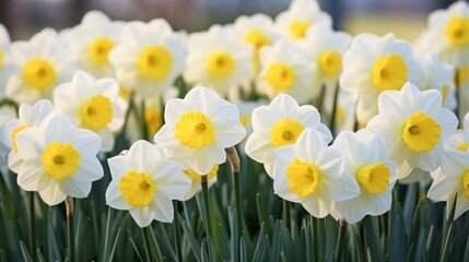 A cluster of Triandrus Daffodils swaying in the spring breeze, their pale yellow blooms creating a serene garden scene - obrazy, fototapety, plakaty