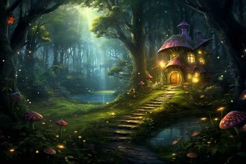 Enchanted forest with secret door, shine light, mushrooms, butterflies. Generative AI