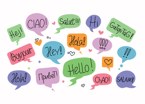 Short phrases in different languages, greetings. Information forms, speech bubbles. World Hello Day. November 21 vector banner, Calligraphy lettering, words. Talk, communicate, social media icons. 