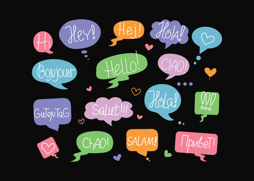 Short phrases in different languages, greetings. Information forms, speech bubbles. World Hello Day. November 21 vector banner, Calligraphy lettering, words. Talk, communicate, social media icons.