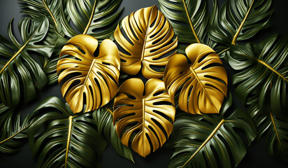 Large green and golden monstera leaves. AI generated