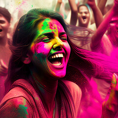 Indian woman playing holi with colors. portrait of a woman covers in colors 