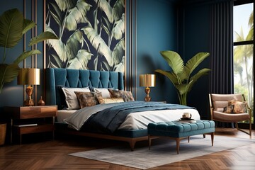 Contemporary bedroom with tropical plant wallpaper, wooden wall, chair, desk, rustic luxury style, and dark blue background. Generative AI