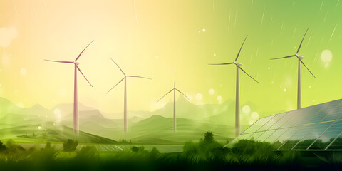Modern Wind turbines and solar panels sunset light. Concept eco green renewable energy. Generation AI.