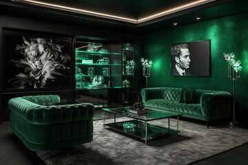 Contemporary emerald lounge in digital display. Generative AI