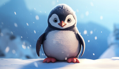 Funny cartoon of baby penguin in the snow. AI generated