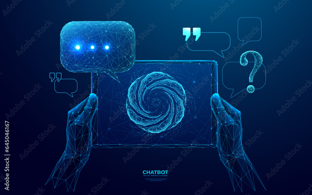 Poster abstract digital close-up hands holding tablet with chatbot logo on screen. speech bubble, question,