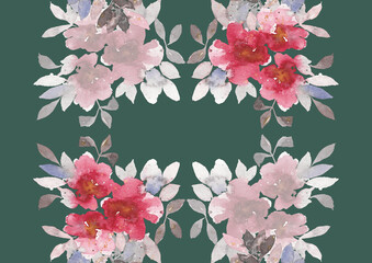 Delicate square-shaped floral print, originally painted in watercolor, with a green background
