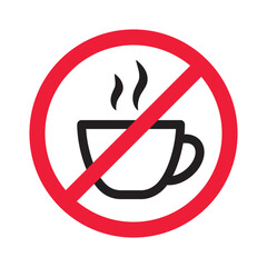 Prohibited coffee vector icon. No coffee icon. Forbidden espresso icon. No cappuccino vector sign. Warning, caution, attention, restriction, danger flat sign design symbol pictogram