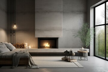 Cozy home interior with fireplace, window, and concrete wall. Generative AI
