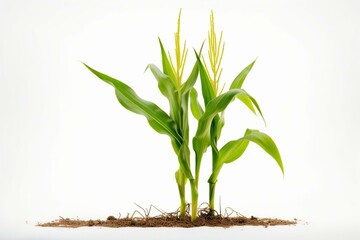Fresh corn stalk standing alone on a plain white background, growing plant with a clear outline. Generative AI - obrazy, fototapety, plakaty