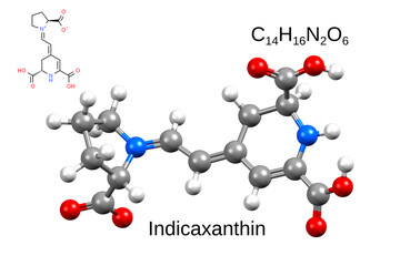 Chemical formula, structural formula and 3D ball-and-stick model of indicaxanthin, a plant pigment