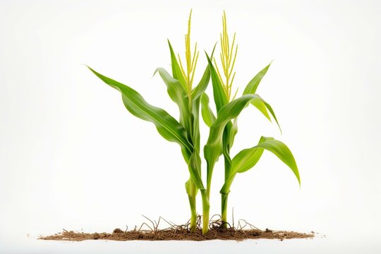 Fresh corn stalk standing alone on a plain white background, growing plant with a clear outline. Generative AI