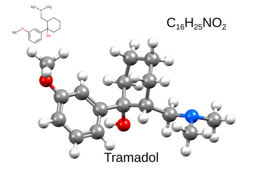 Chemical formula, structural formula and 3D ball-and-stick model of opioid tramadol