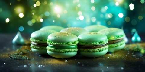 Piles of matcha and pistachio macarons on shiny golden sparkling background, for birthday party, anniversary and St Patrick's celebration,  with copy space.