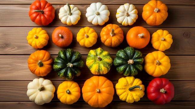 Thanksgiving colorful varies pumpkins array on wooden background, Happy thanksgiving celebration banner design.