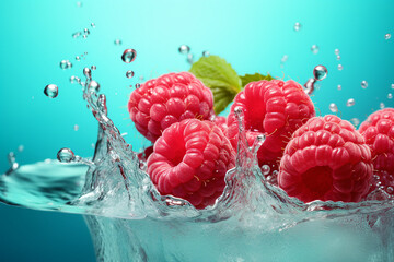 Close up photography of delicious juicy sweet garden pink raspberries with water droplets...