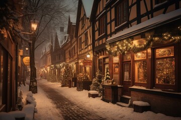 Fototapeta na wymiar A beautiful winter town with charming streets and Victorian houses. Festive decorations and warm lantern-lit streets create a magical December atmosphere. Generative AI