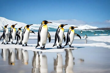 Obraz premium King penguins in a group, moving from a white beach to the ocean, arctic wildlife in its natural habitat, and a deep blue sky.