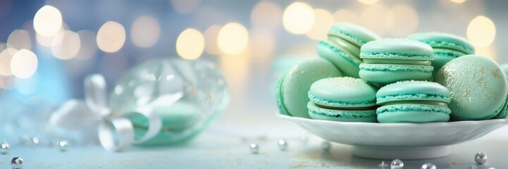 Fototapeta premium Piles of mint green macarons on shiny sparkling background, for birthday party, anniversary and Halloween party, with copy space.