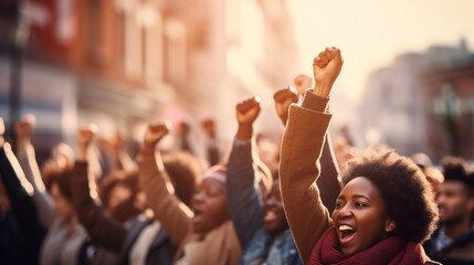 African American people raised fists in the air. black lives matter. Juneteenth and african liberation day. 