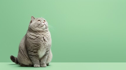Overweight cat looking to side on green background, studio shot, concept of diabetes, lose weight and indoor life, with copy space. - Powered by Adobe