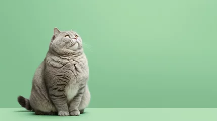 Rolgordijnen Overweight cat looking to side on green background, studio shot, concept of diabetes, lose weight and indoor life, with copy space. © Jasper W