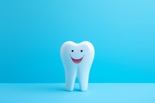 Generative AI bright picture of white cute funny smiling tooth characters with faces isolated on blue turquoise color background