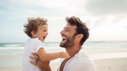 happy family playing on beach, Dad and son having fun outdoor on the beach.