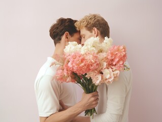 close up of happy male gay couple holding bouquet of flowers, studio shot with copy space. - Powered by Adobe