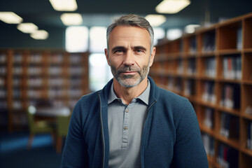 Fototapeta premium Generative AI photo of intelligent professor blurred classroom or library background education from elementary to university