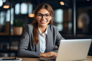 Photo generative AI portrait of happy charming lady director with brown hair sitting in comfort workplace browsing media on netbook