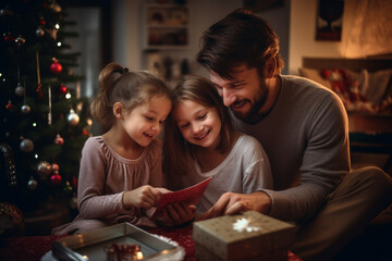 Fototapeta premium Christmas and New Year holidays concept. Happy family lifestyles portrait. Family enjoy magical moment of Christmas eve and holidays. Generative AI