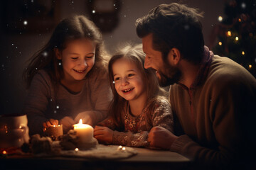 Obraz na płótnie Canvas Christmas and New Year holidays concept. Happy family lifestyles portrait. Family enjoy magical moment of Christmas eve and holidays. Generative AI