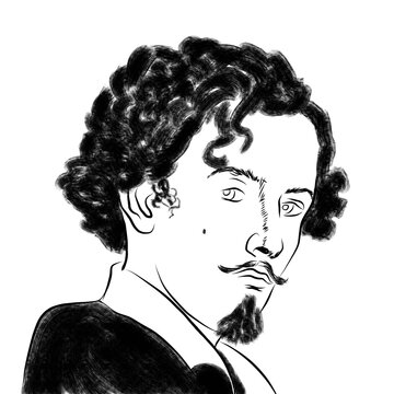 Gustavo Adolfo B&eacute;cquer famoso poeta y escritor espa&ntilde;ol. Ilustraci&oacute;n de retrato a linea negra con textura. Imagen sin fondo.