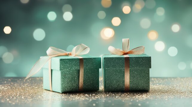 three mint gift boxes on a festive background with glitter.
