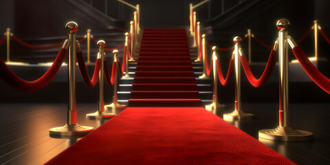 Obraz premium Red carpet and golden barrier banner. Generation AI